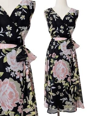 Tahari Floral Midi Dress Black Pink Size 12 Large A-Line